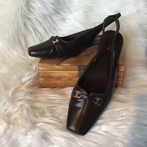 Life Stride Lucent brown square toe leather slingback flats gold detail 8.5